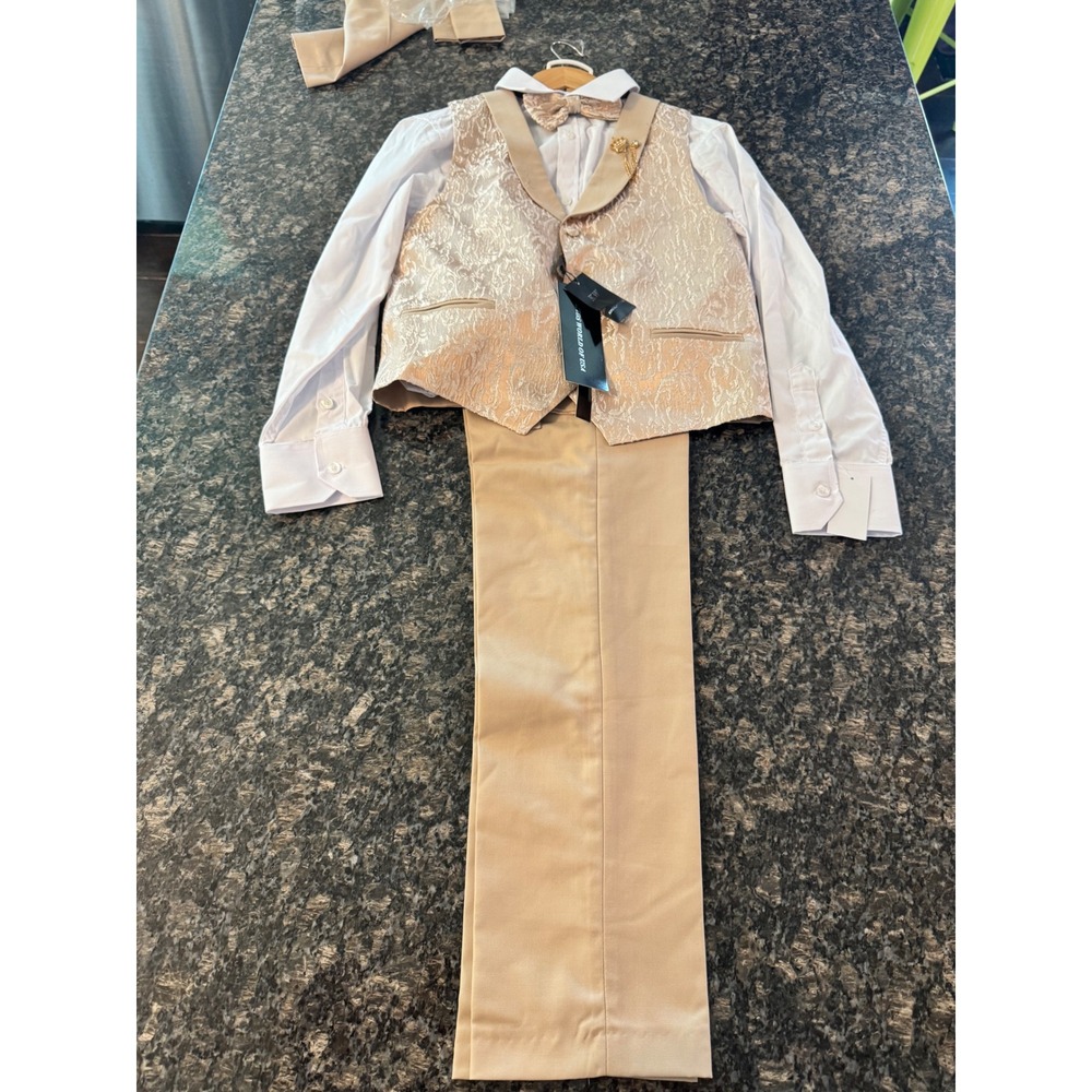 Kids World of USA Boys 4-Piece Formal Suit Set Tan Gold Jacquard Vest Sz 12 NEW